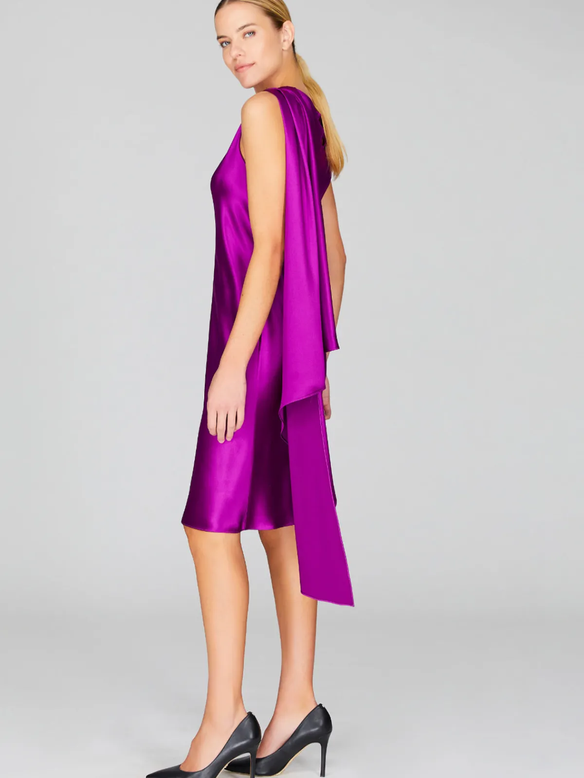 Mi Jong Lee Satin Bias Drape Scarf Dress