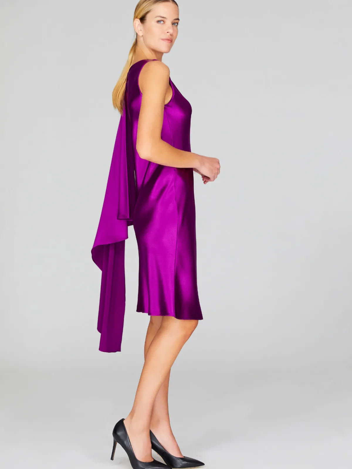 Mi Jong Lee Satin Bias Drape Scarf Dress