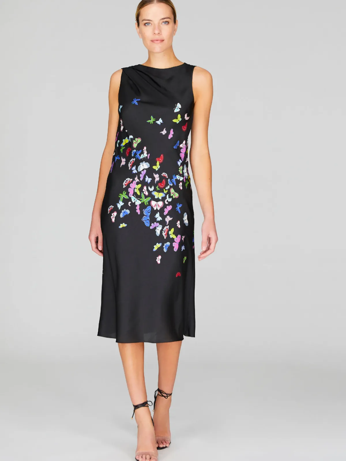 Mi Jong Lee Flutter Print Georgette Bias Drape Scarf Dress