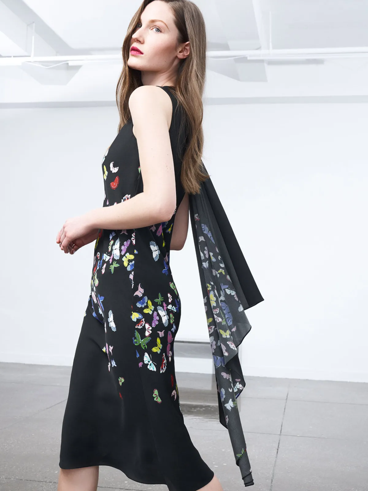 Mi Jong Lee Flutter Print Georgette Bias Drape Scarf Dress