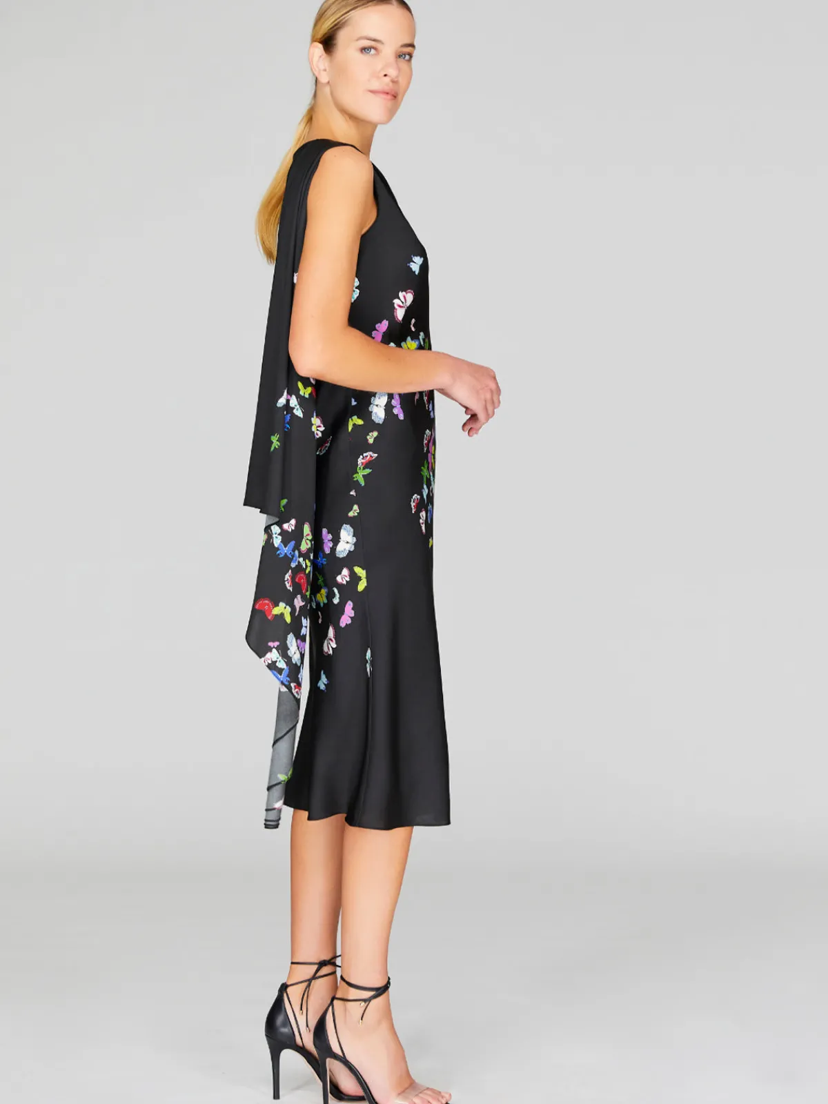 Mi Jong Lee Flutter Print Georgette Bias Drape Scarf Dress