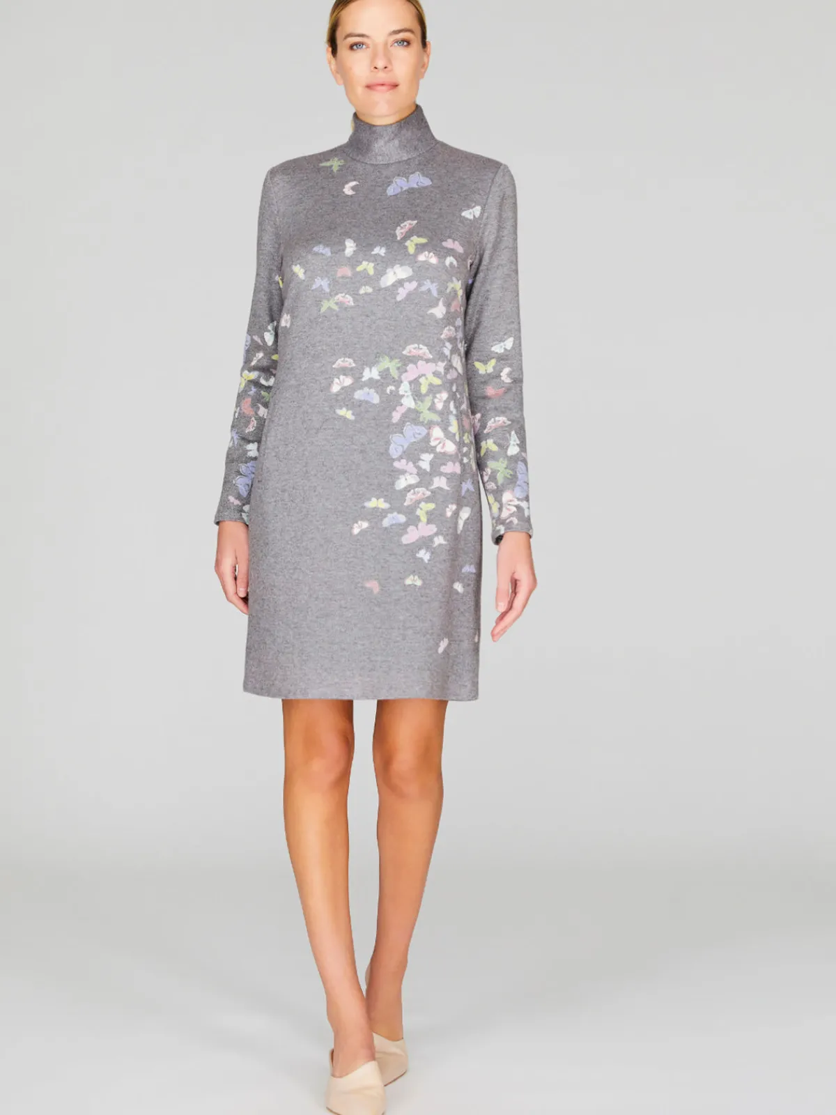 Mi Jong Lee Flutter Print Sweater Knit Turtleneck Shift Dress