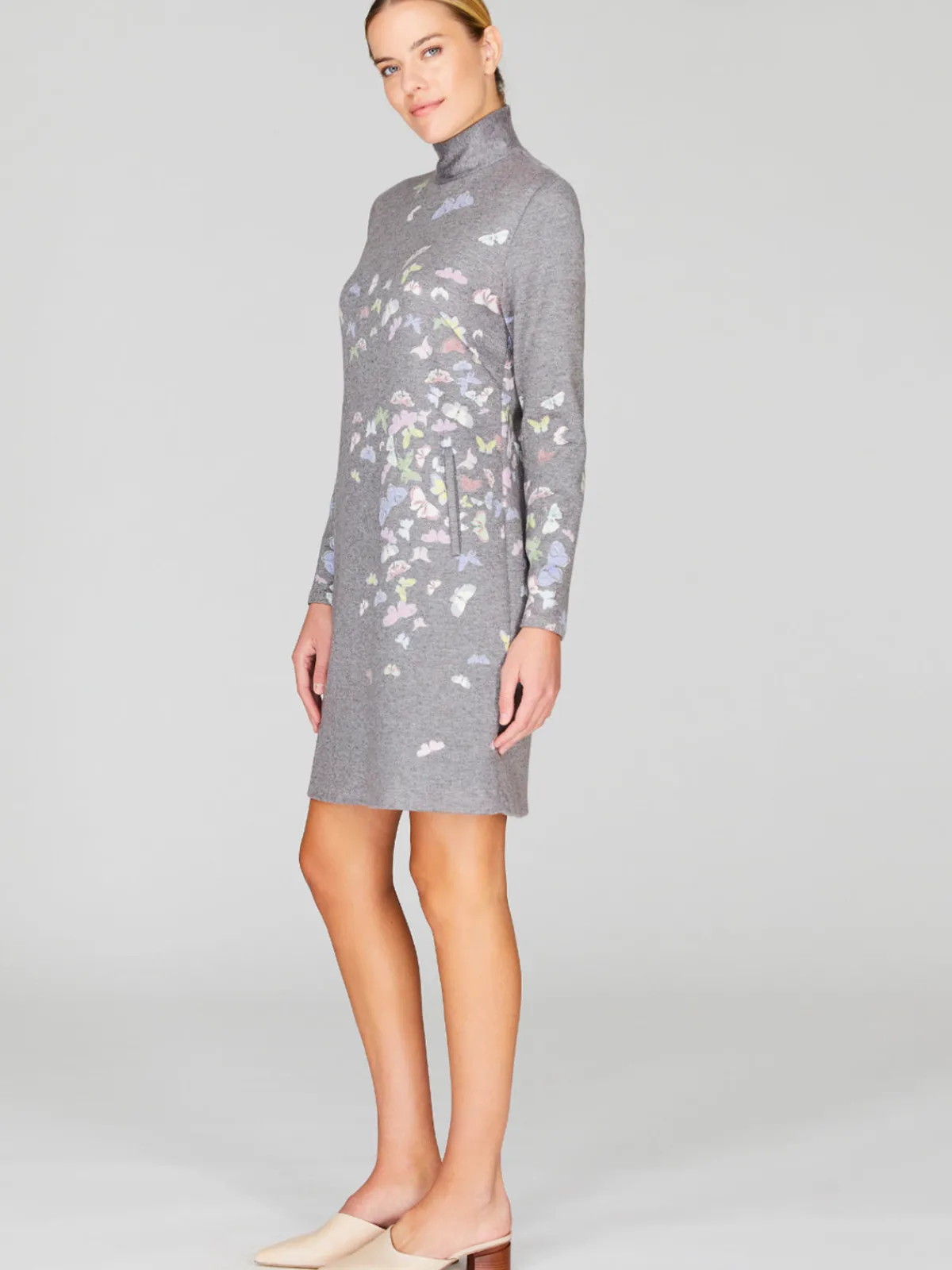 Mi Jong Lee Flutter Print Sweater Knit Turtleneck Shift Dress