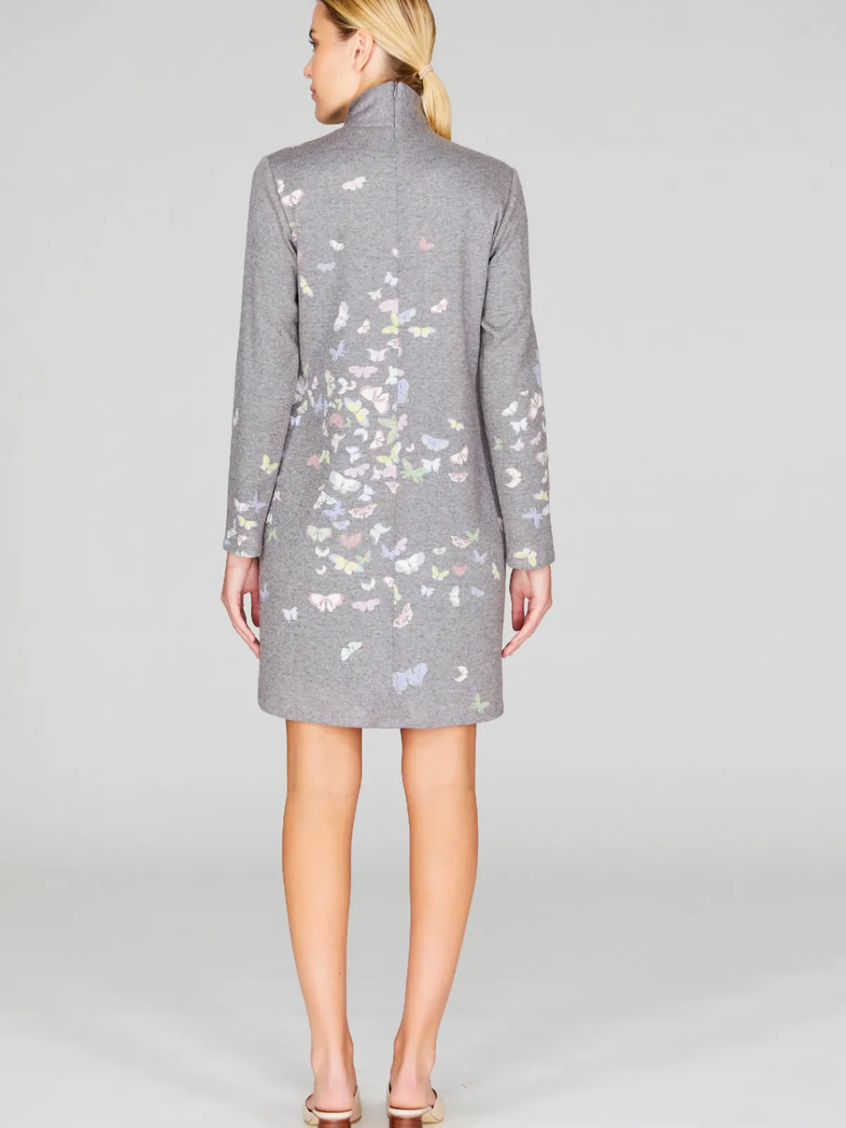 Mi Jong Lee Flutter Print Sweater Knit Turtleneck Shift Dress