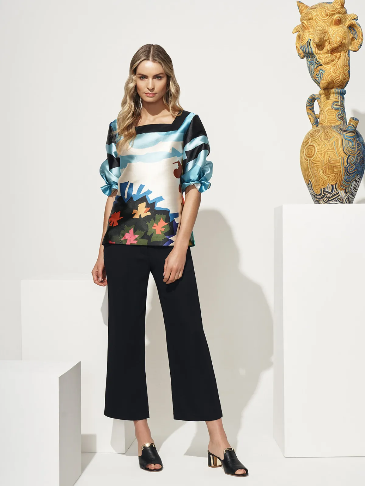 Mi Jong Lee Pleat Sleeve Square Neck Blouse