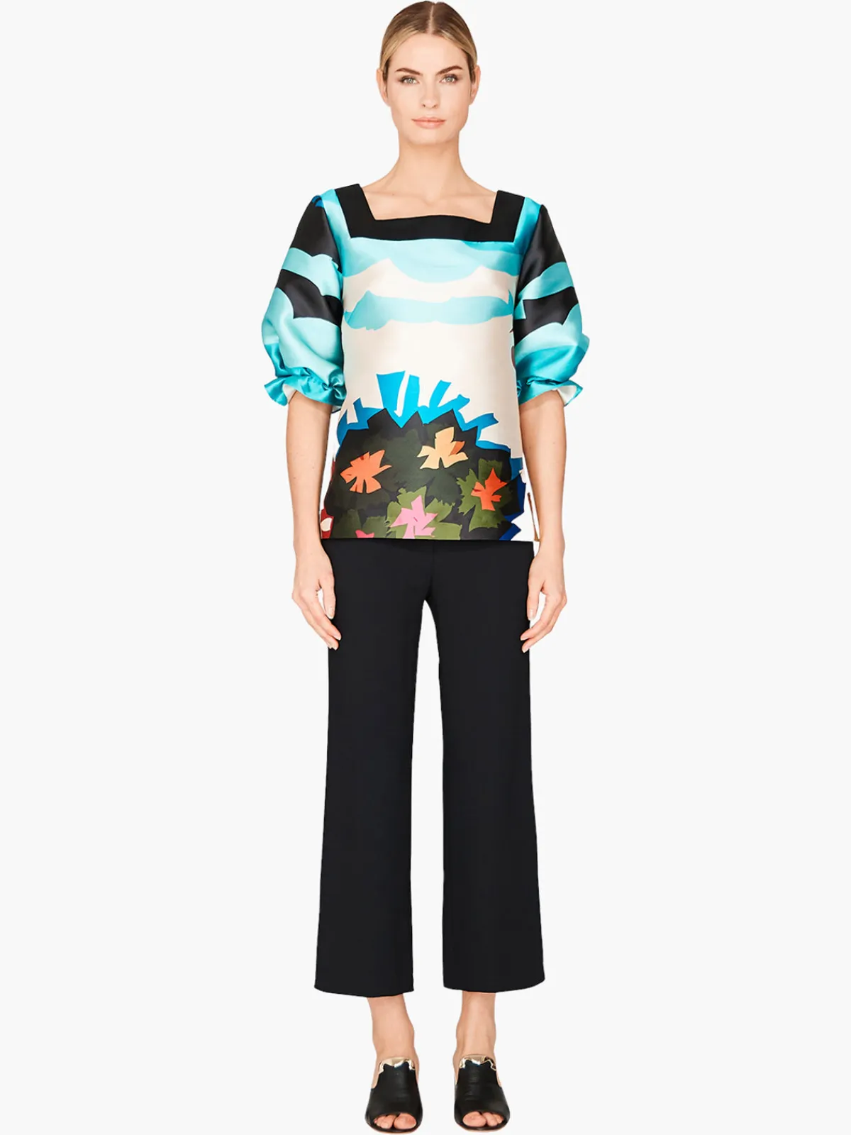 Mi Jong Lee Pleat Sleeve Square Neck Blouse