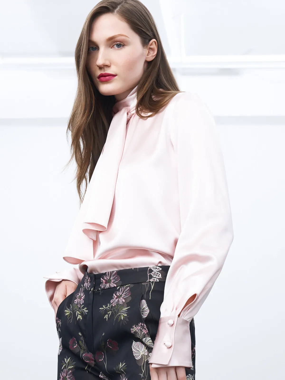 Mi Jong Lee Satin Tie Neck Blouse With Relaxed Sleeves