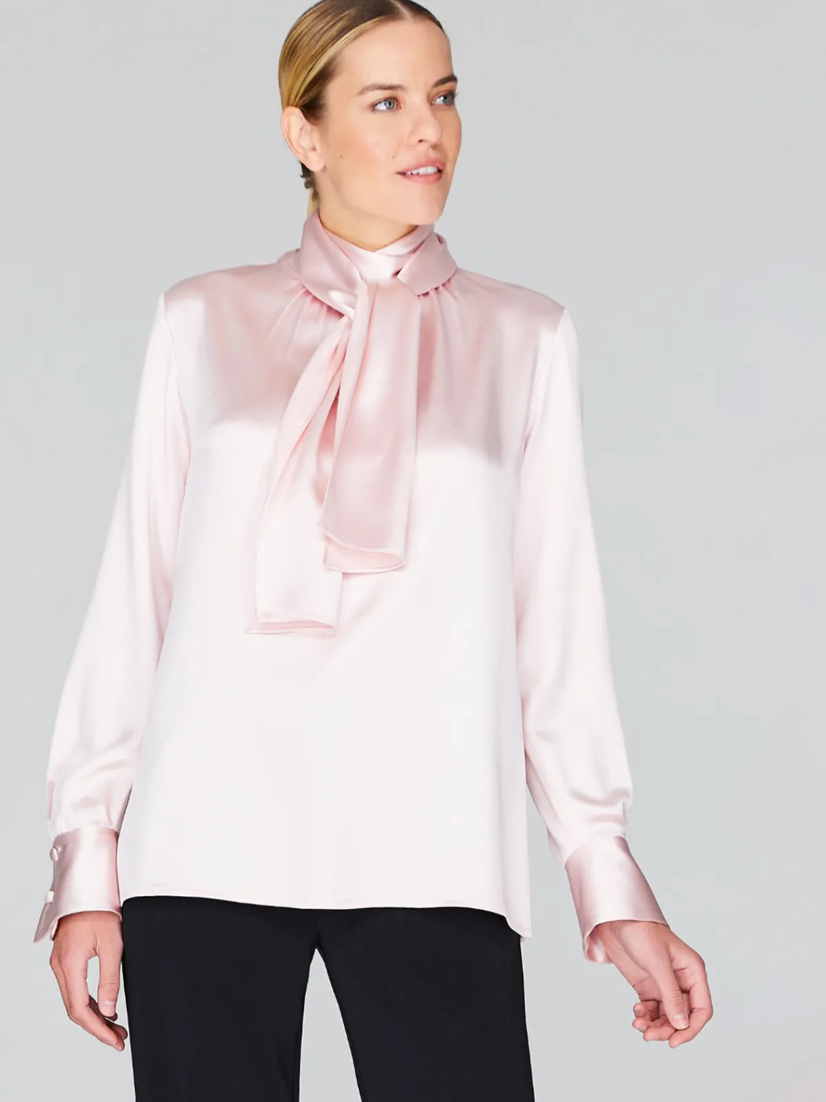 Mi Jong Lee Satin Tie Neck Blouse With Relaxed Sleeves
