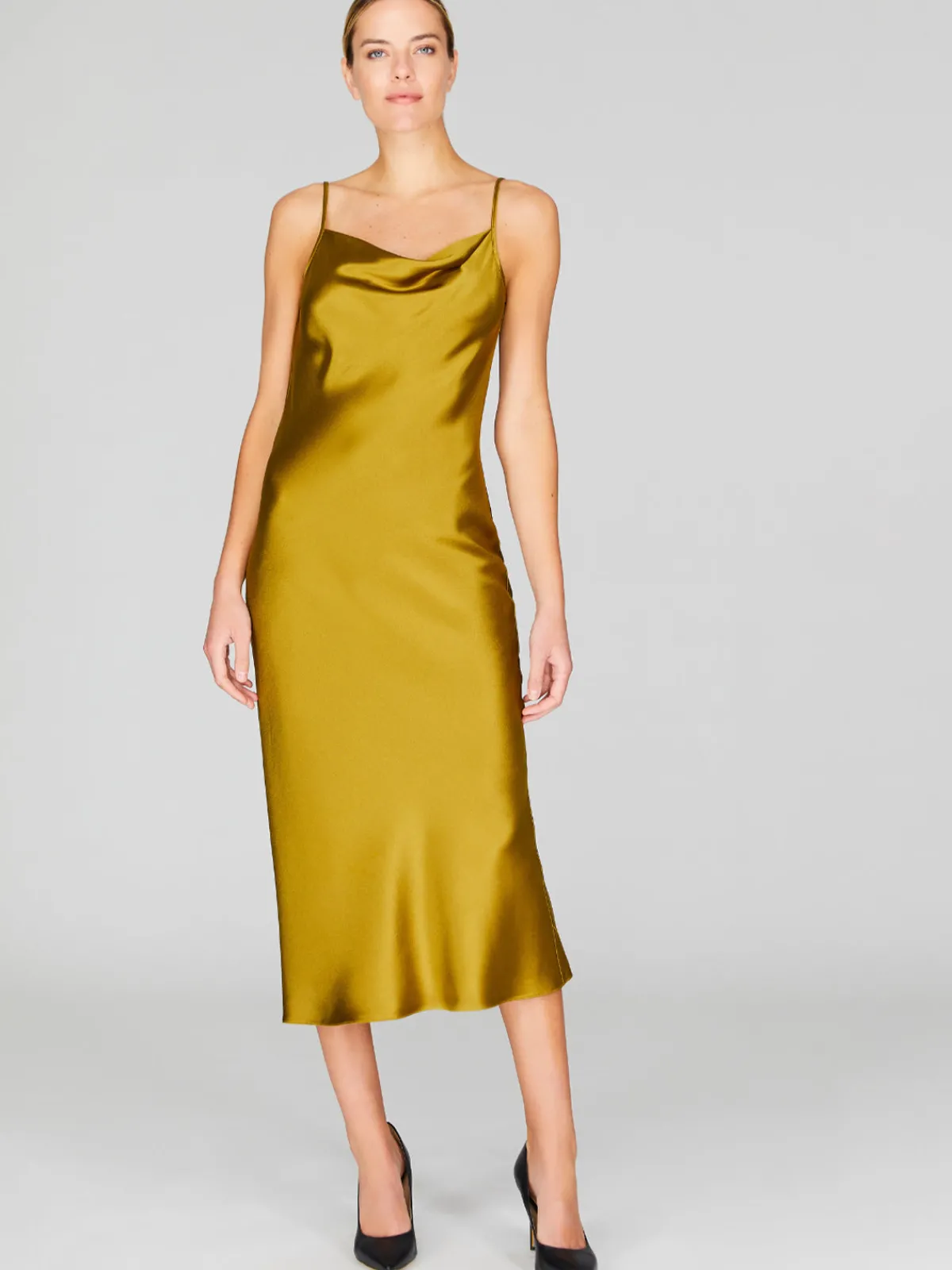 Mi Jong Lee Satin Drape Front Camisole Dress