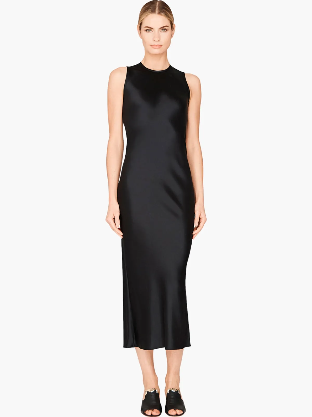 Mi Jong Lee Satin Crew Neck Bias Dress