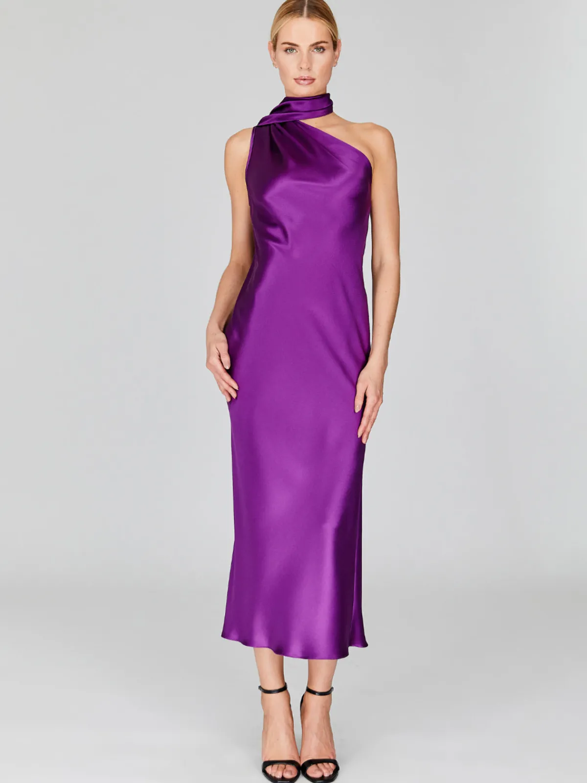 Mi Jong Lee Satin One Shoulder Bias Dress With Scarf