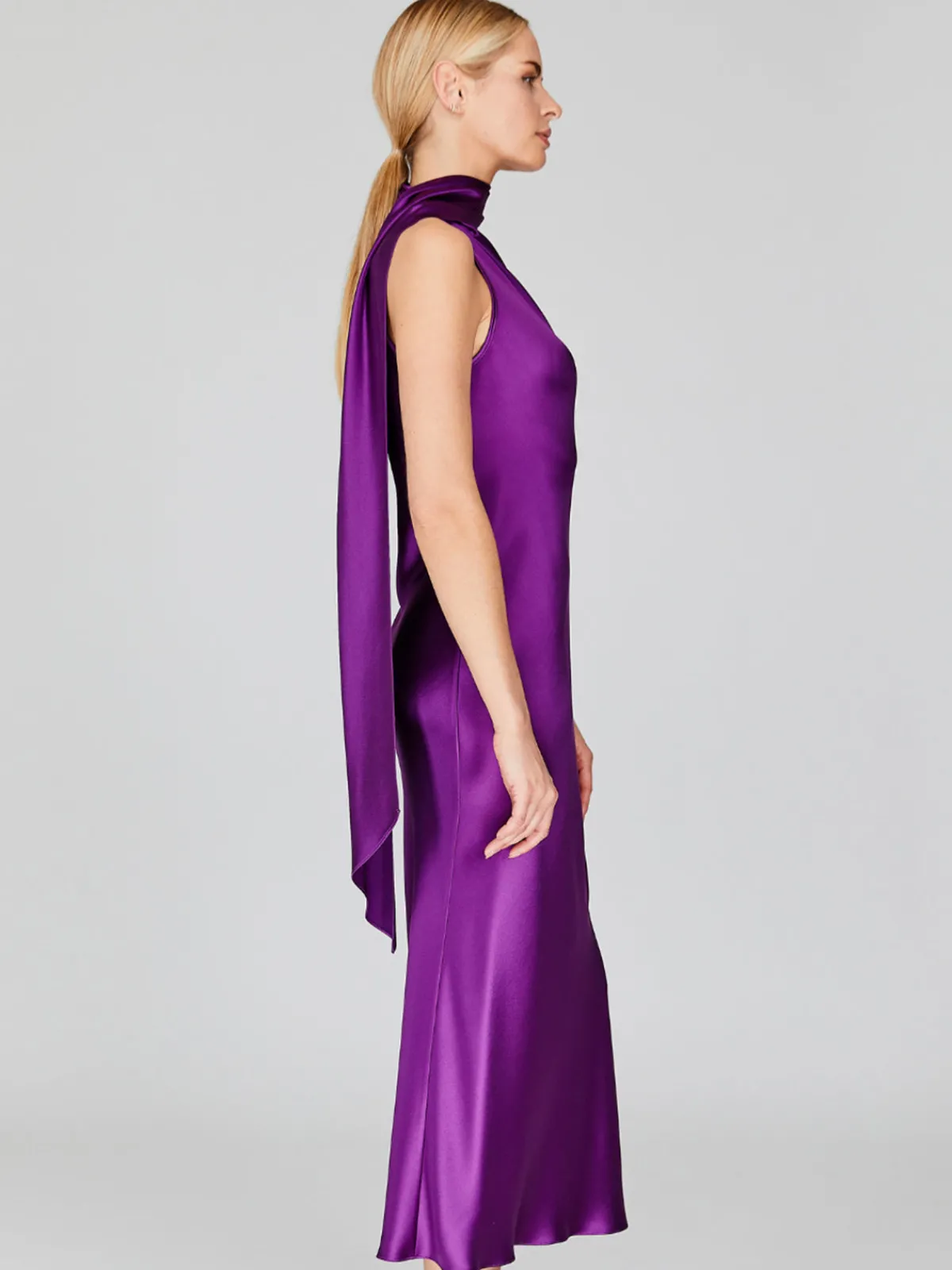 Mi Jong Lee Satin One Shoulder Bias Dress With Scarf