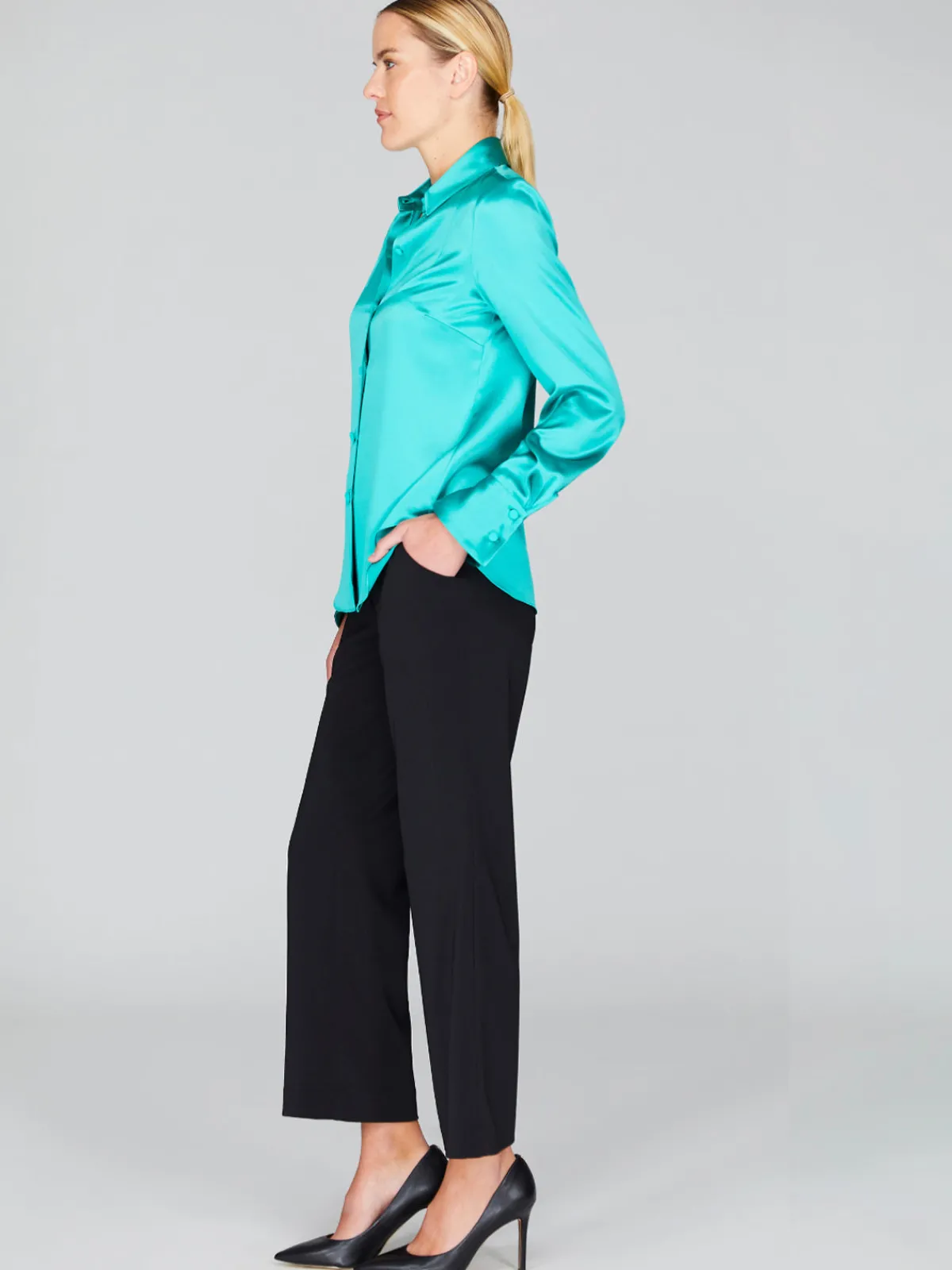 Mi Jong Lee Satin Button Down Collared Shirt With Relaxed Sleeve