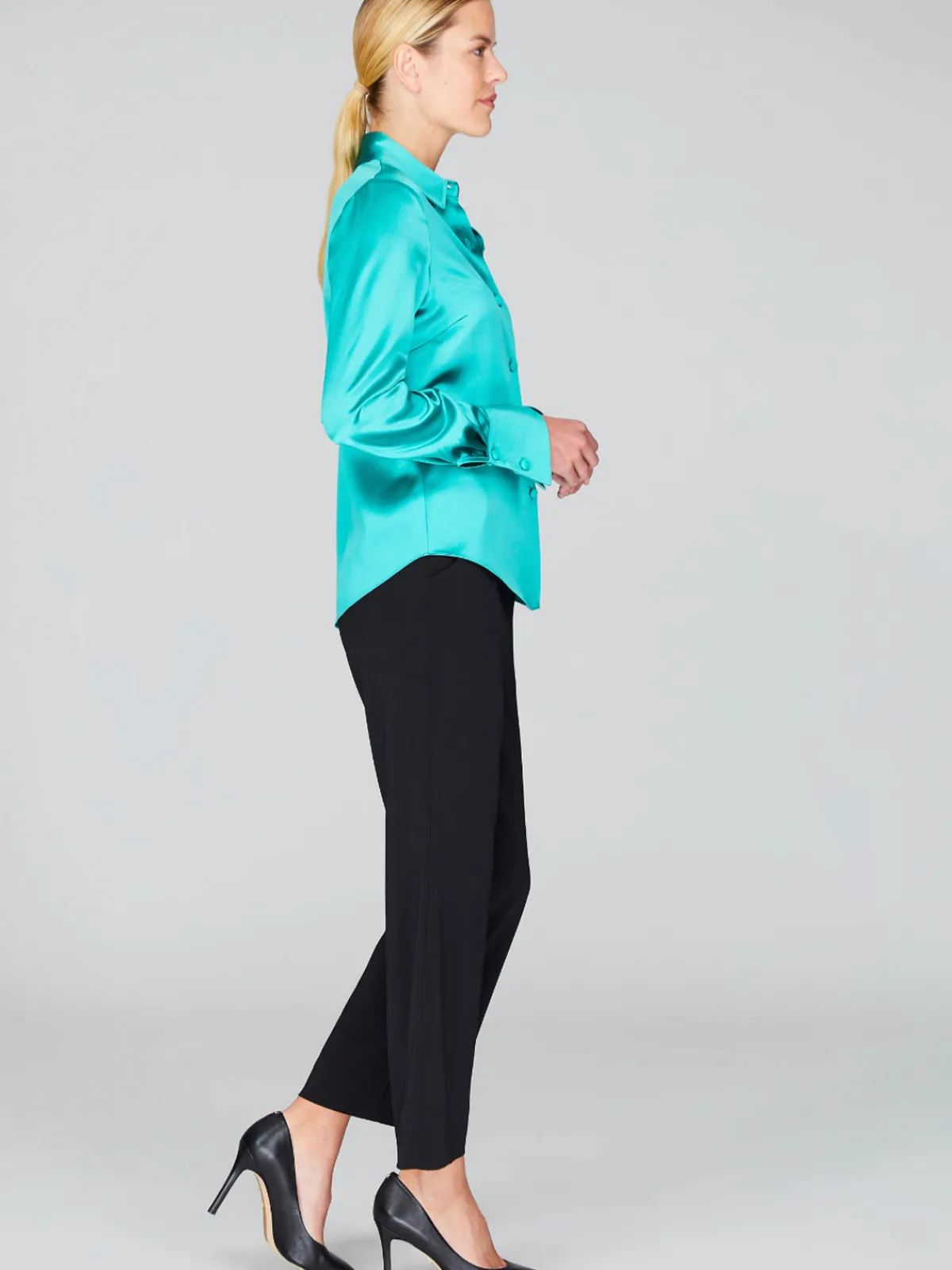 Mi Jong Lee Satin Button Down Collared Shirt With Relaxed Sleeve