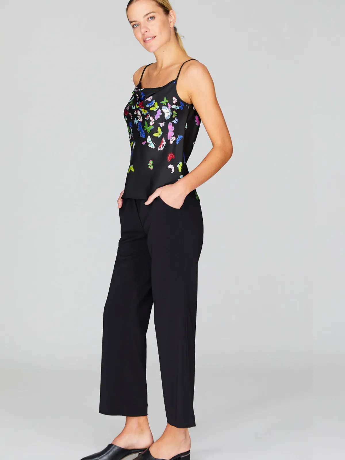 Mi Jong Lee Flutter Print Georgette Drape Front Camisole