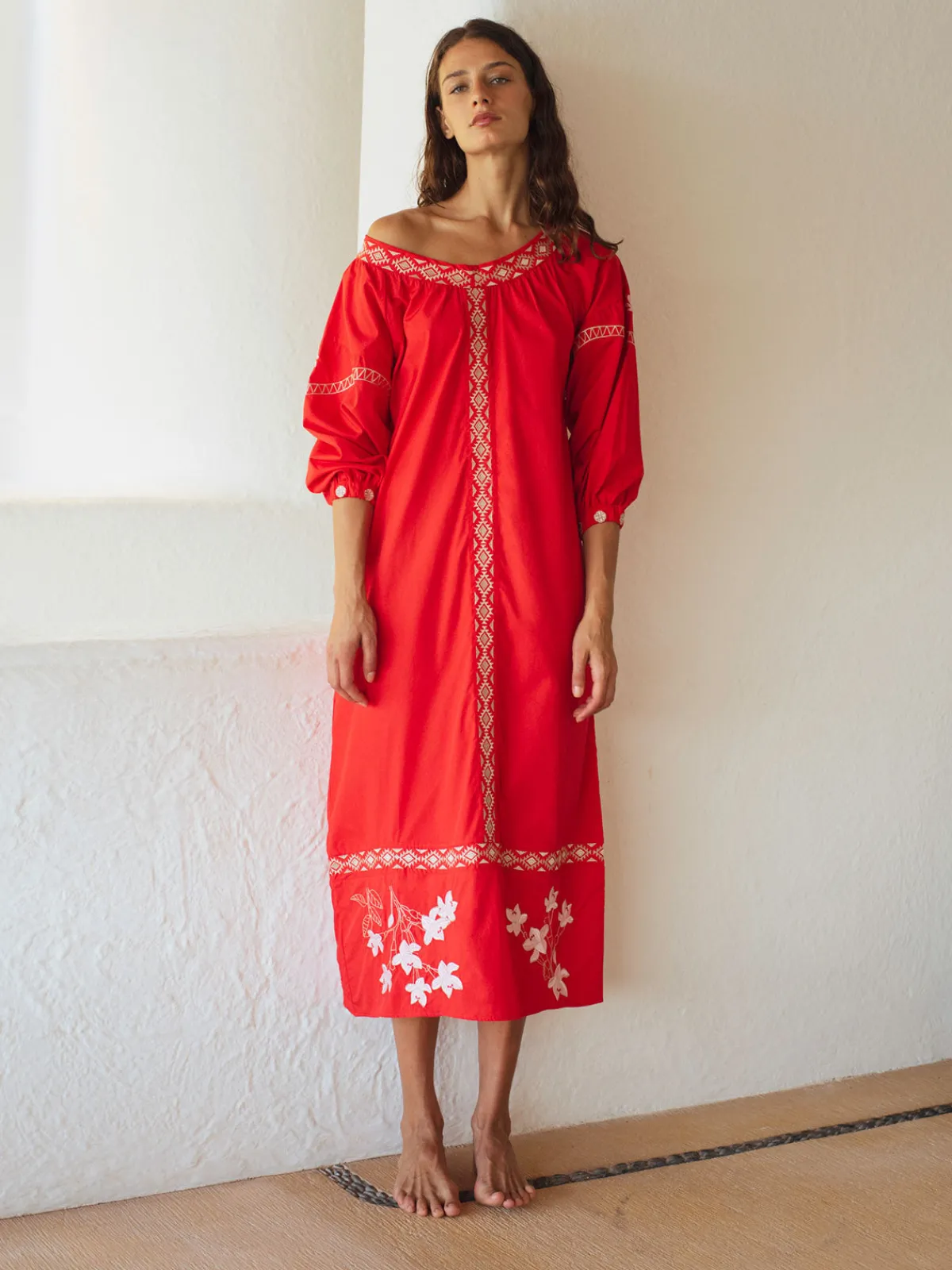 Juan de Dios Buganvilias Cotton Embroidered Maxi Dress