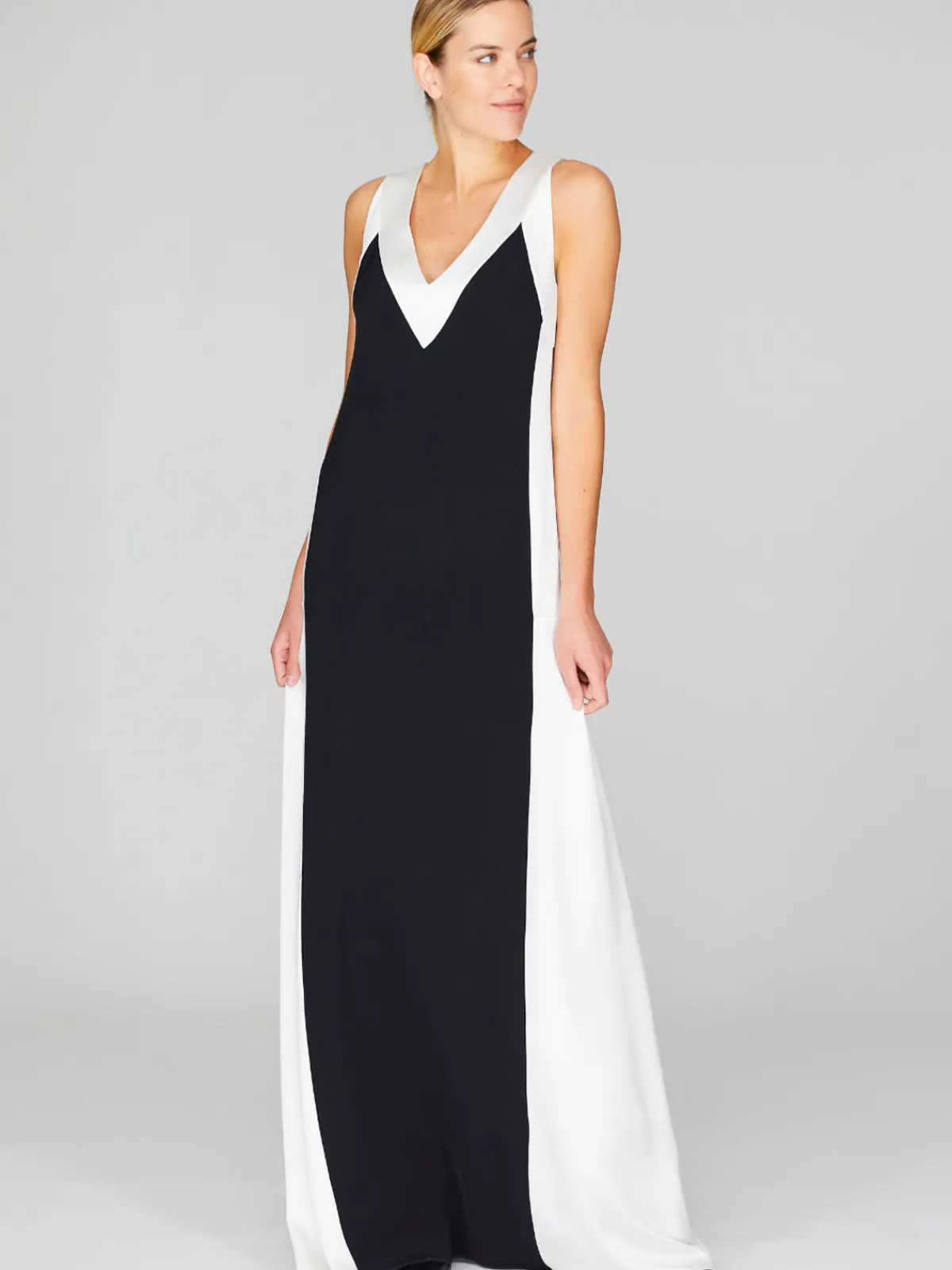 Mi Jong Lee Satin V-Neck Gown With Contrast Panels
