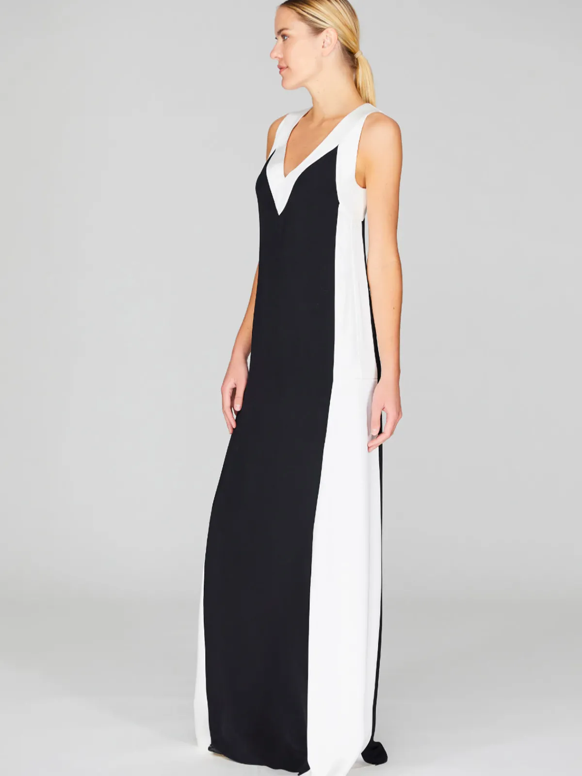 Mi Jong Lee Satin V-Neck Gown With Contrast Panels