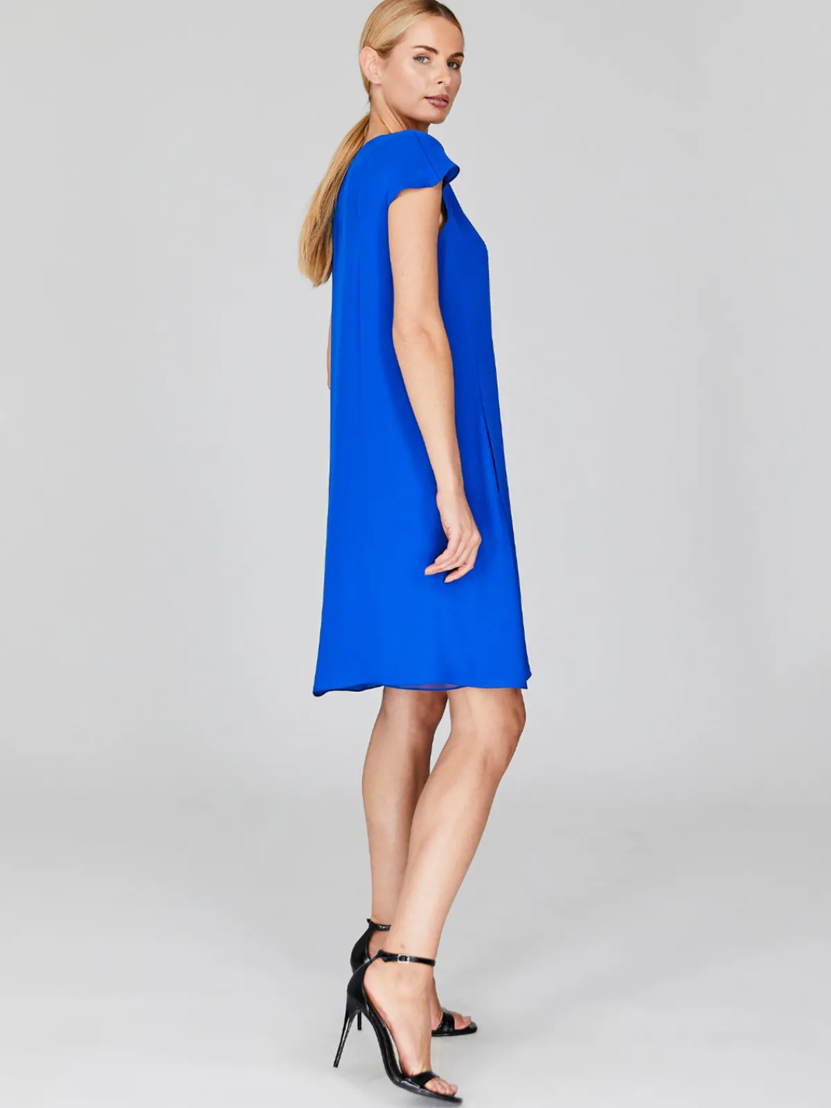 Mi Jong Lee Silk Georgette Short Cap Sleeve Trapeze Dress