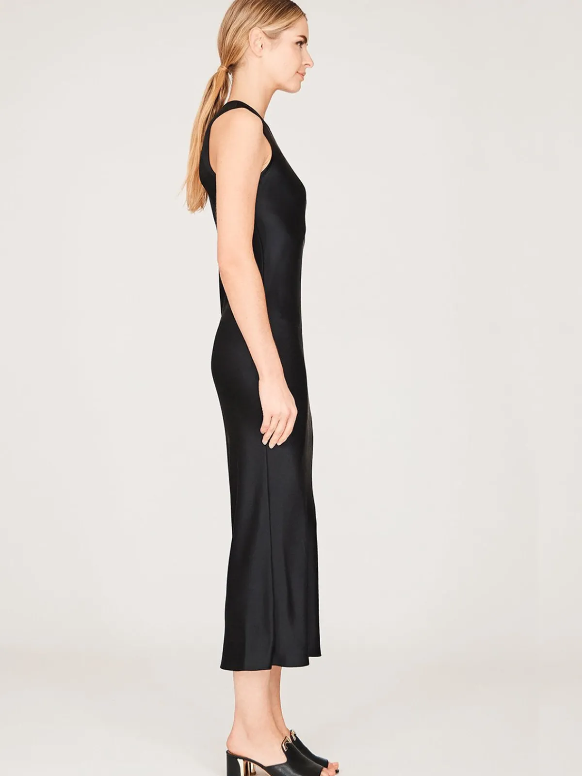 Mi Jong Lee Satin Crew Neck Bias Dress